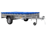 Einachsanhänger 264×150 UNITRAILER GARDEN 265 KIPP mit einem Flachplanenträger und blauer Plane